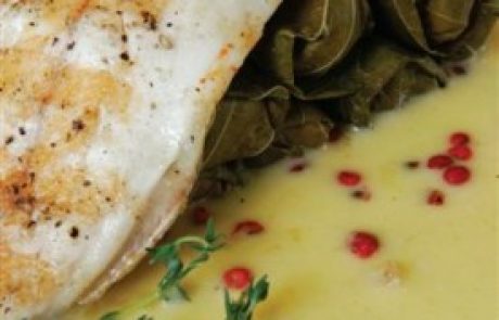 פילה פורל על מצע עלי גפן ממולאים בגבינות